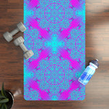 Vibrant mandala rubber yoga mat with neon turquoise and pink pattern, microfiber suede top, natural rubber base, 24x70 inches size, lightweight and portable with carrying strap