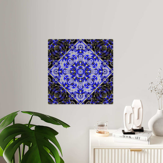 Acrylic wall art panel with blue gold kaleidoscope geometric design on clear glossy surface mounted with silver stand-offs