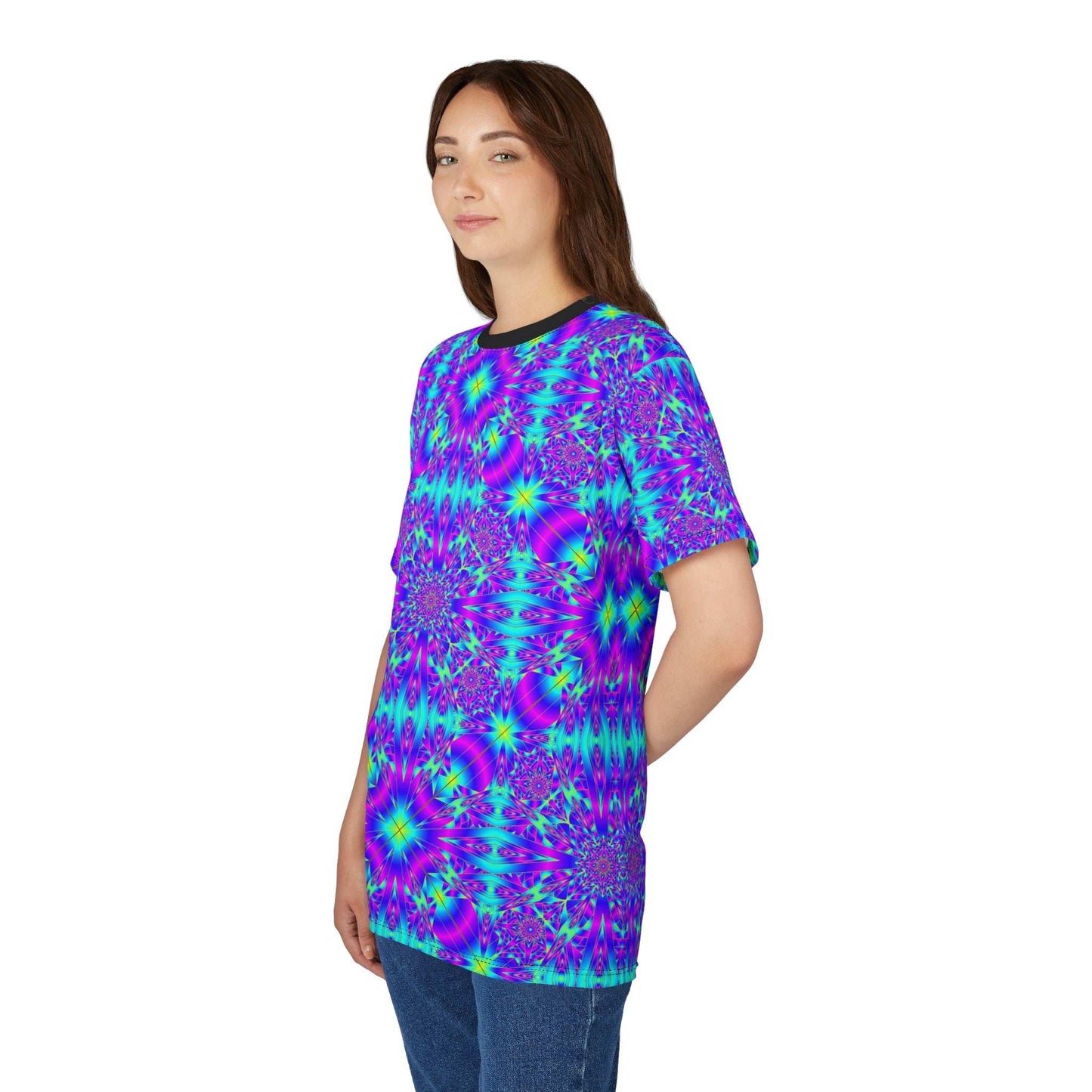 Kaleidoscope Psychedelic All-Over Print Tee — Vibrant Neon Mandala Shirt