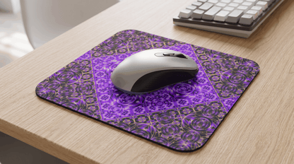 Purple Mosaic Kaleidoscope Mouse Pad — Geometric Jewel Tone Desk Accessory