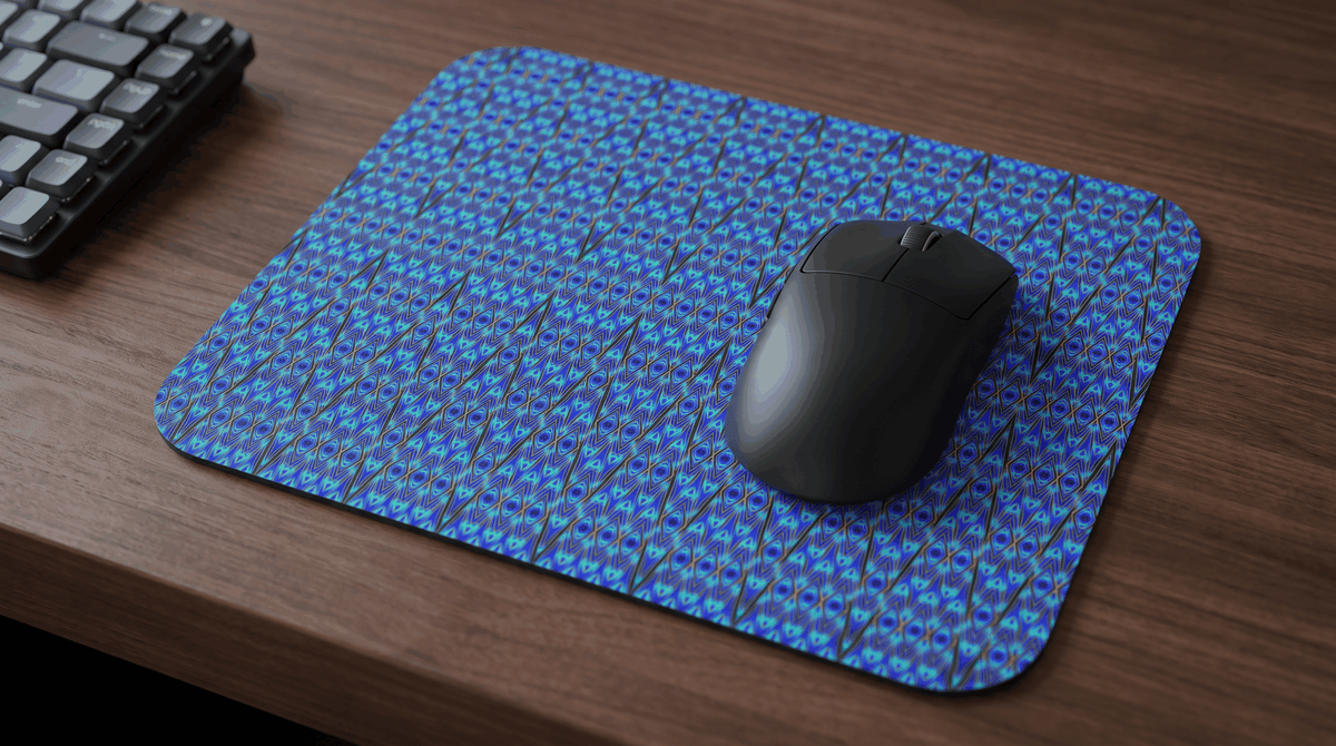 Blue Geometric Abstract Mouse Pad with cobalt and teal geometric pattern on smooth fabric surface