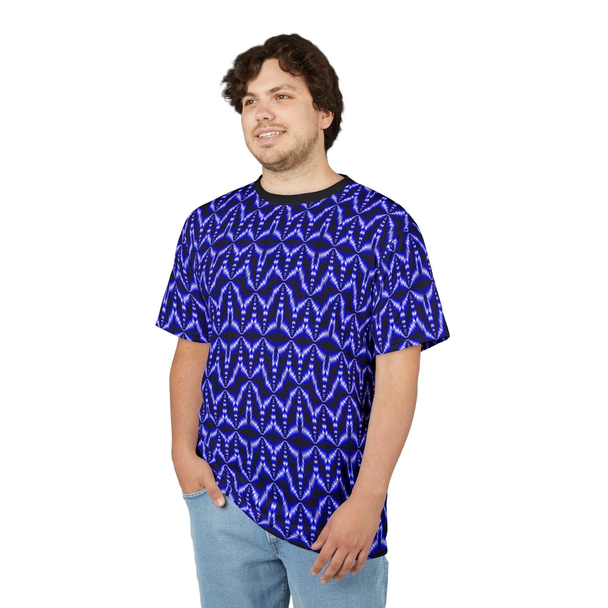 Blue geometric tie-dye tee with vibrant indigo and cobalt all-over print, ribbed collar, and regular fit polyester shirt.
