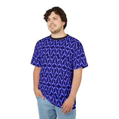 Blue geometric tie-dye tee with vibrant indigo and cobalt all-over print, ribbed collar, and regular fit polyester shirt.