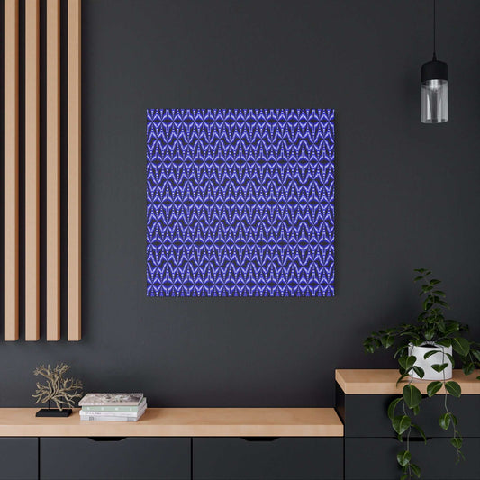 Blue geometric pattern matte stretched canvas wall art with indigo chevrons and 1.25-inch pine frame