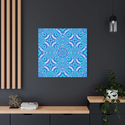 Blue kaleidoscope pattern matte canvas wall art with turquoise and cerulean mandala design on 1.25" stretched frame