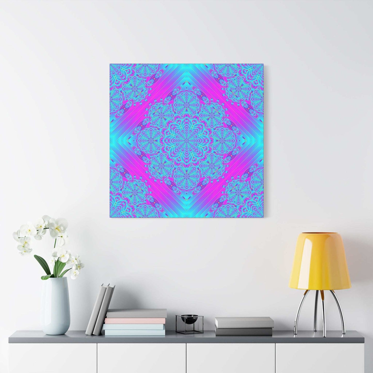 Vibrant Neon Mandala Canvas Art – Turquoise & Magenta Stretched Wall Decor