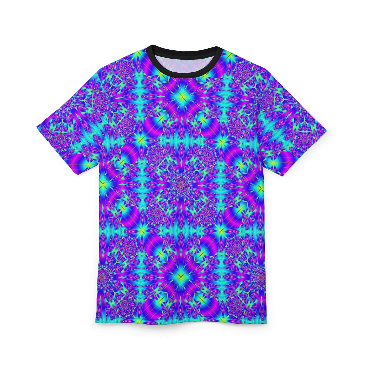 Kaleidoscope Psychedelic All-Over Print Tee — Vibrant Neon Mandala Shirt