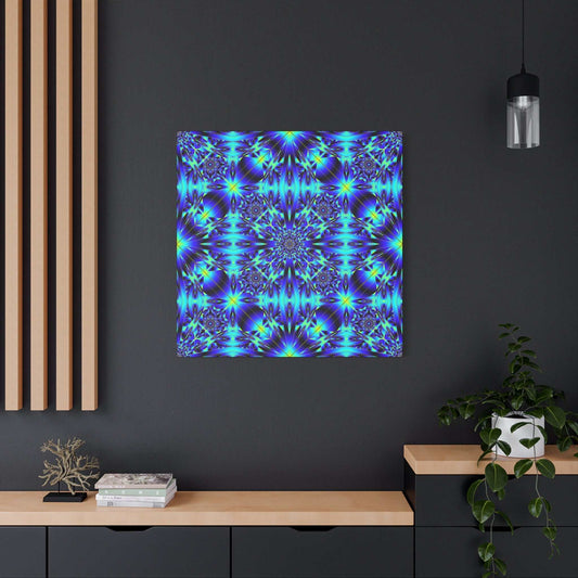 Blue kaleidoscope matte canvas wall art with electric blue geometric mandala design on stretched 1.25" gallery-wrapped frame