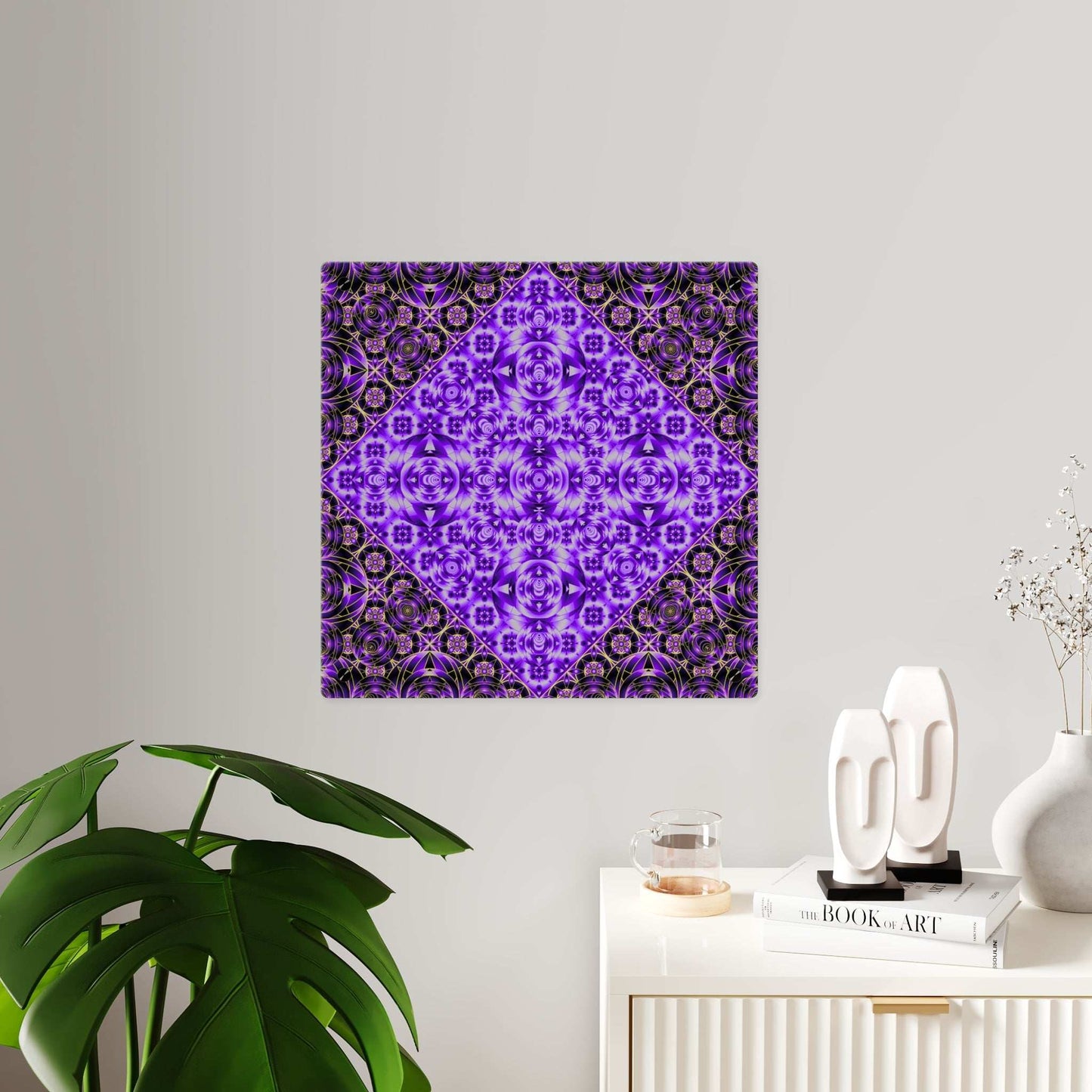 Purple kaleidoscope acrylic wall art panel with geometric mandala design and glossy finish mounted with brushed silver stand-offs.