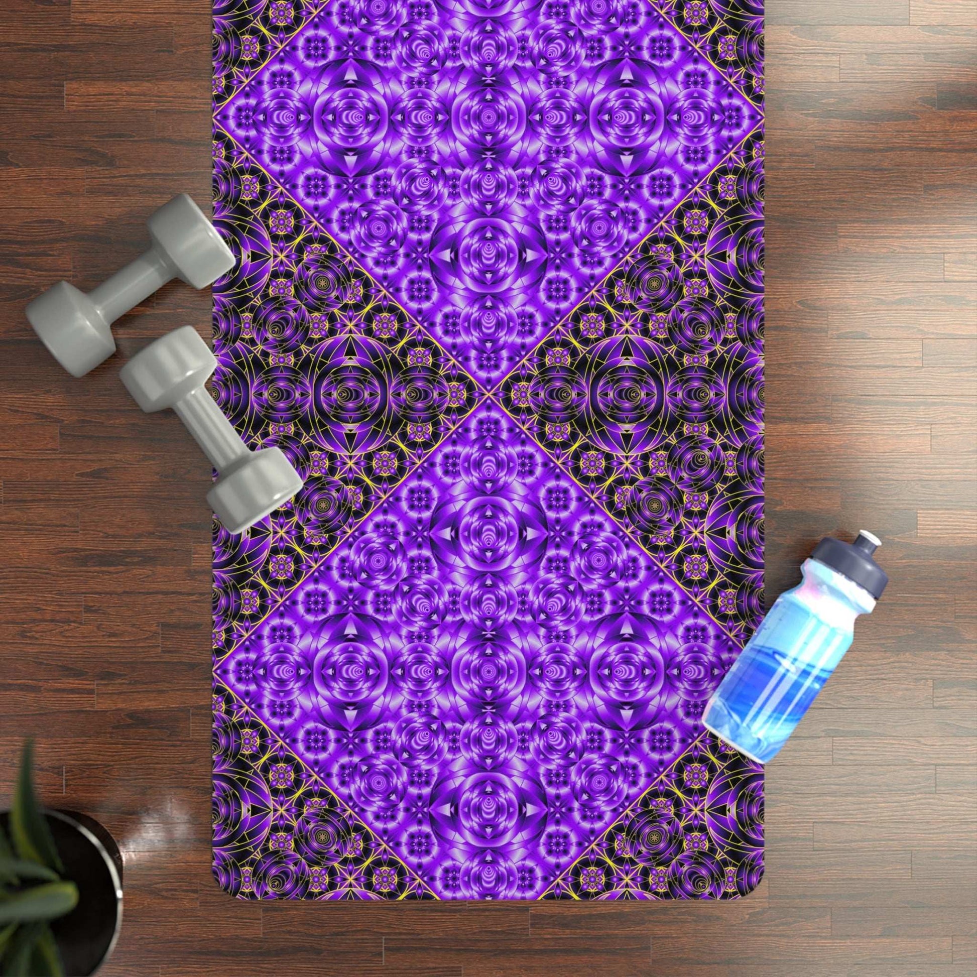 Purple Mandala Rubber Yoga Mat with non-slip natural rubber bottom and microfiber suede top, 24x70 inches, 3mm thickness, vibrant edge-to-edge print
