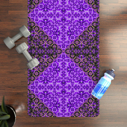 Purple Mandala Rubber Yoga Mat with non-slip natural rubber bottom and microfiber suede top, 24x70 inches, 3mm thickness, vibrant edge-to-edge print