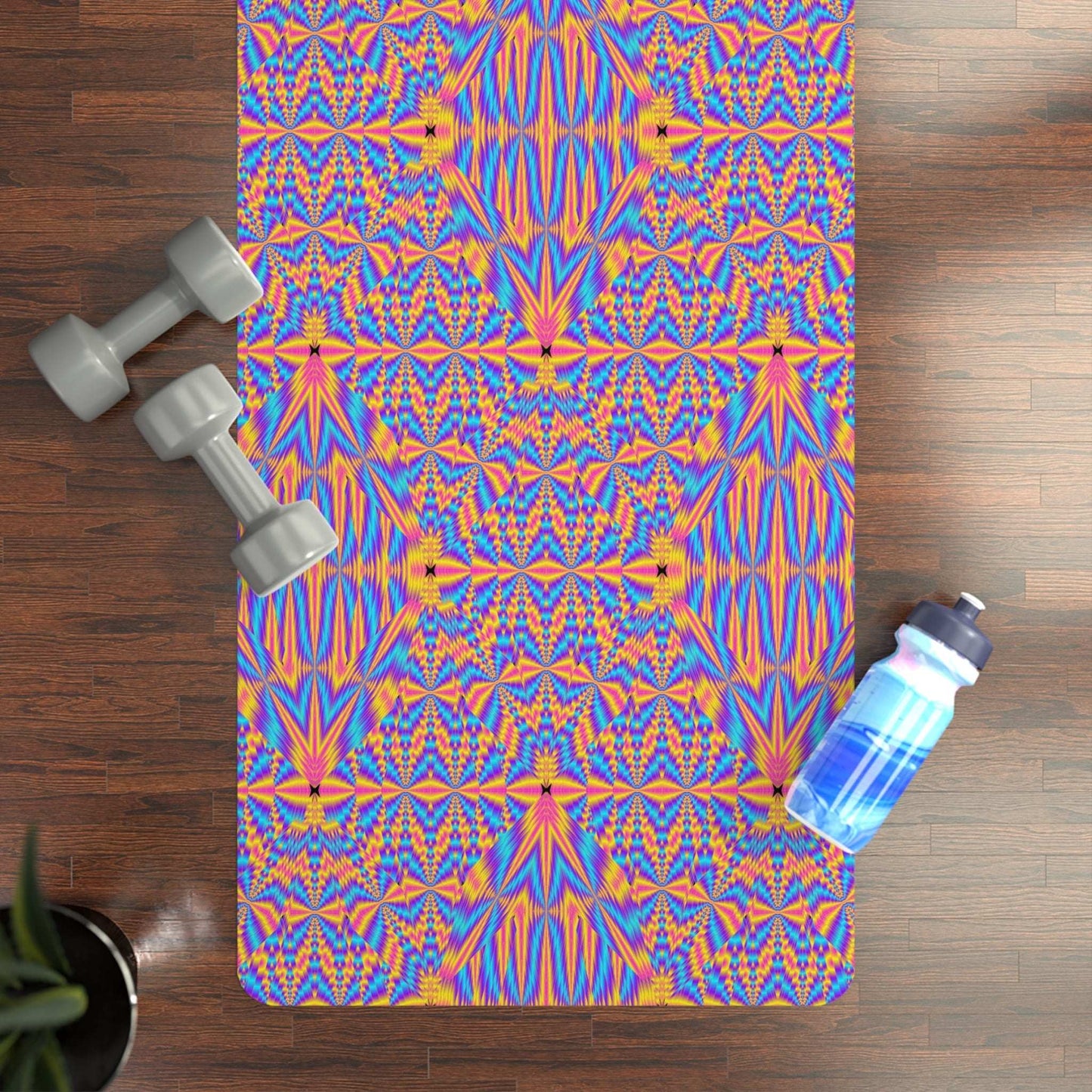 Vibrant Kaleidoscope Rubber Yoga Mat with microfiber suede top and natural rubber base, non-slip, 24x70 inches, coral and periwinkle pattern