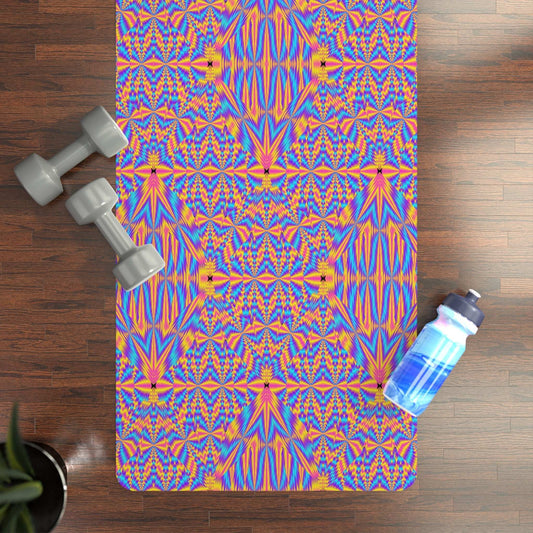 Vibrant Kaleidoscope Rubber Yoga Mat with microfiber suede top and natural rubber base, non-slip, 24x70 inches, coral and periwinkle pattern