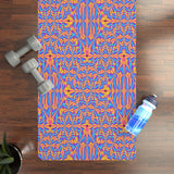 Vibrant Kaleidoscope Rubber Yoga Mat with microfiber suede top and natural rubber base, non-slip, 24x70 inches, coral and periwinkle pattern