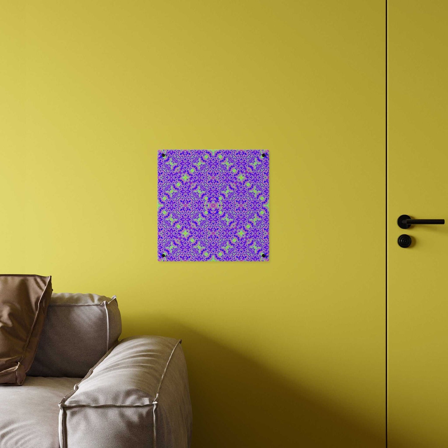 Psychedelic Kaleidoscope Acrylic Wall Art Panel — Vibrant Purple & Neon Green Geometric Decor