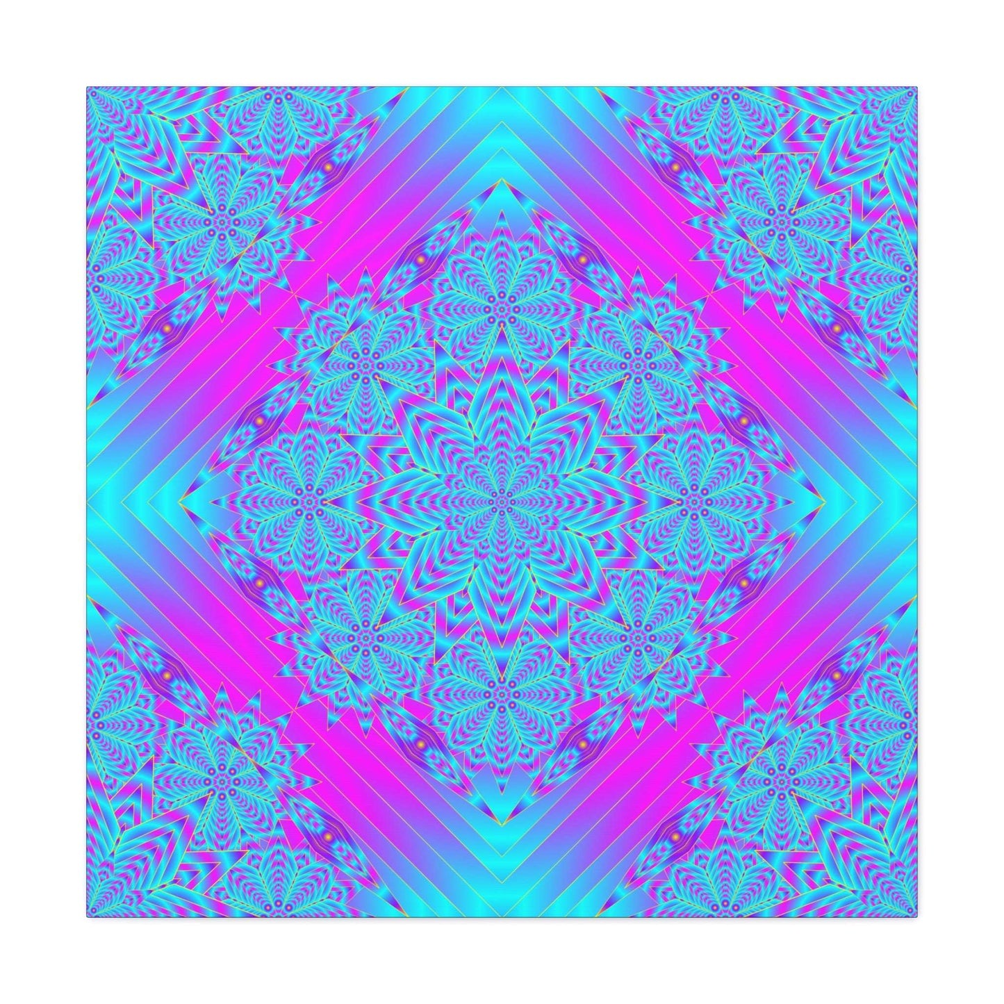 Vibrant Neon Mandala Canvas Art – Turquoise & Magenta Stretched Wall Decor