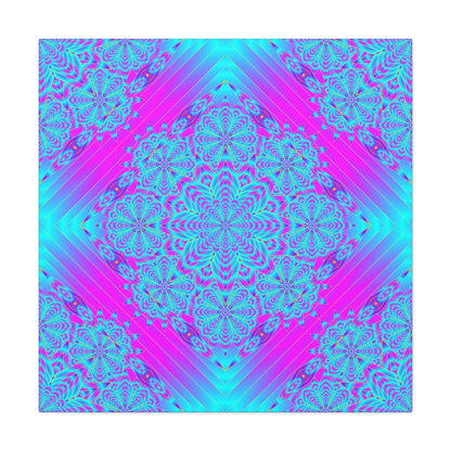 Vibrant Neon Mandala Canvas Art – Turquoise & Magenta Stretched Wall Decor