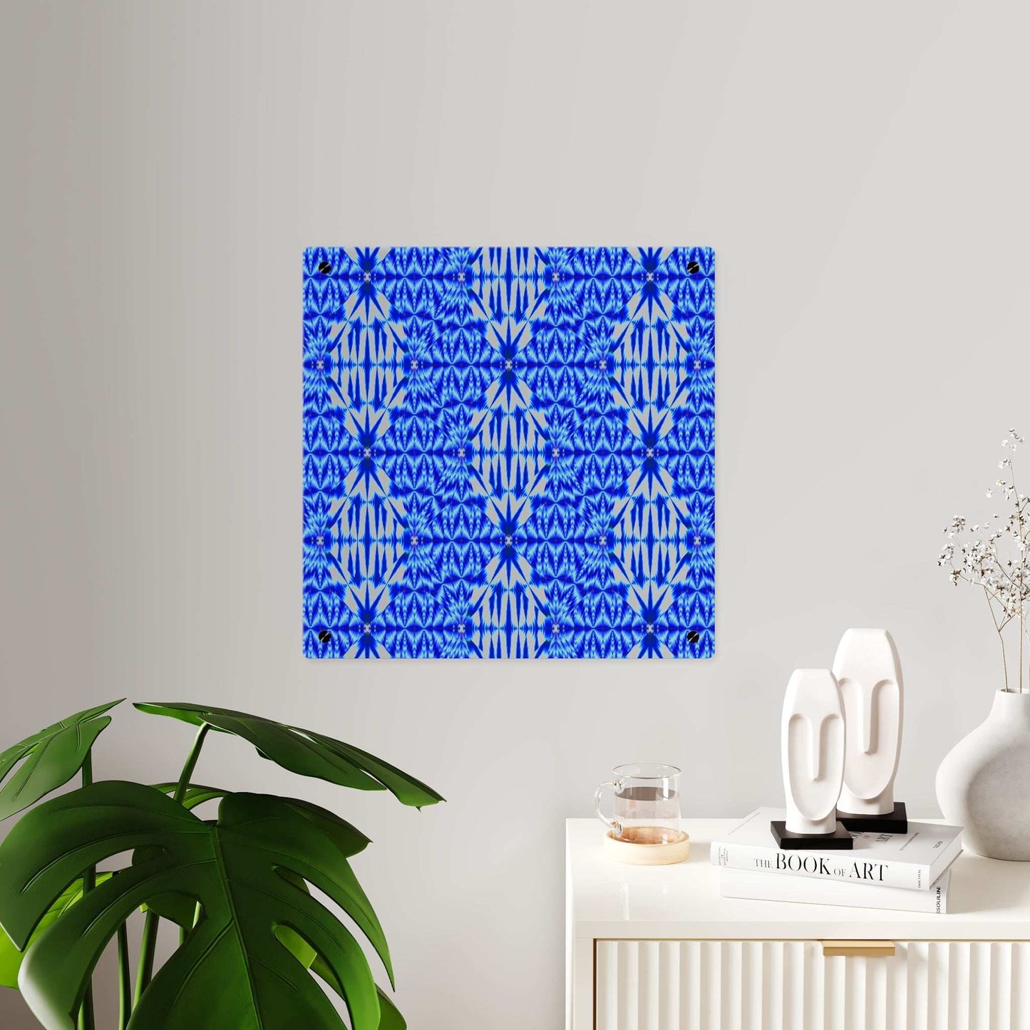 Blue Shibori pattern acrylic wall art panel with cobalt and white design on glossy surface