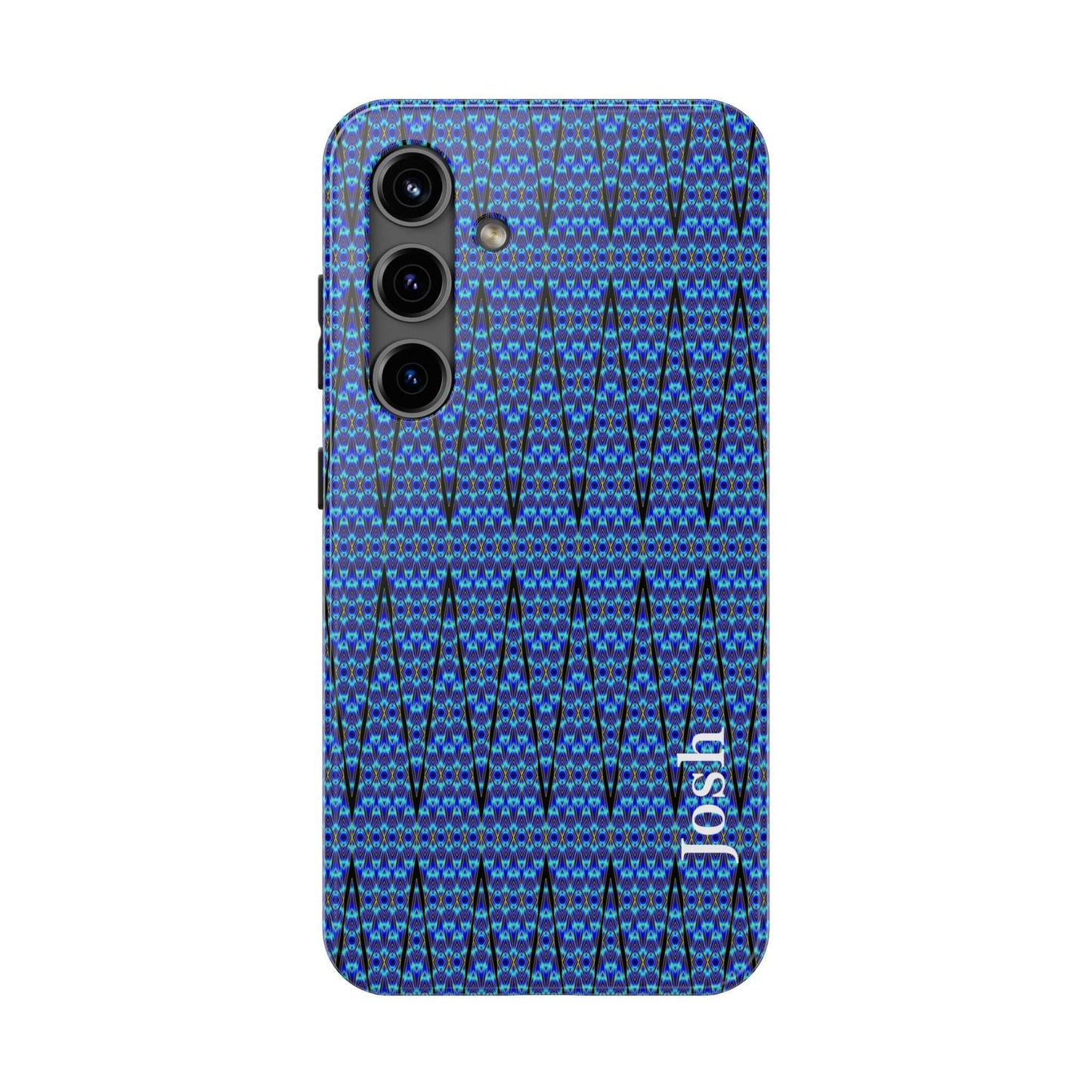 Slim blue geometric tough phone case with glossy finish and rubber liner for iPhone protection
