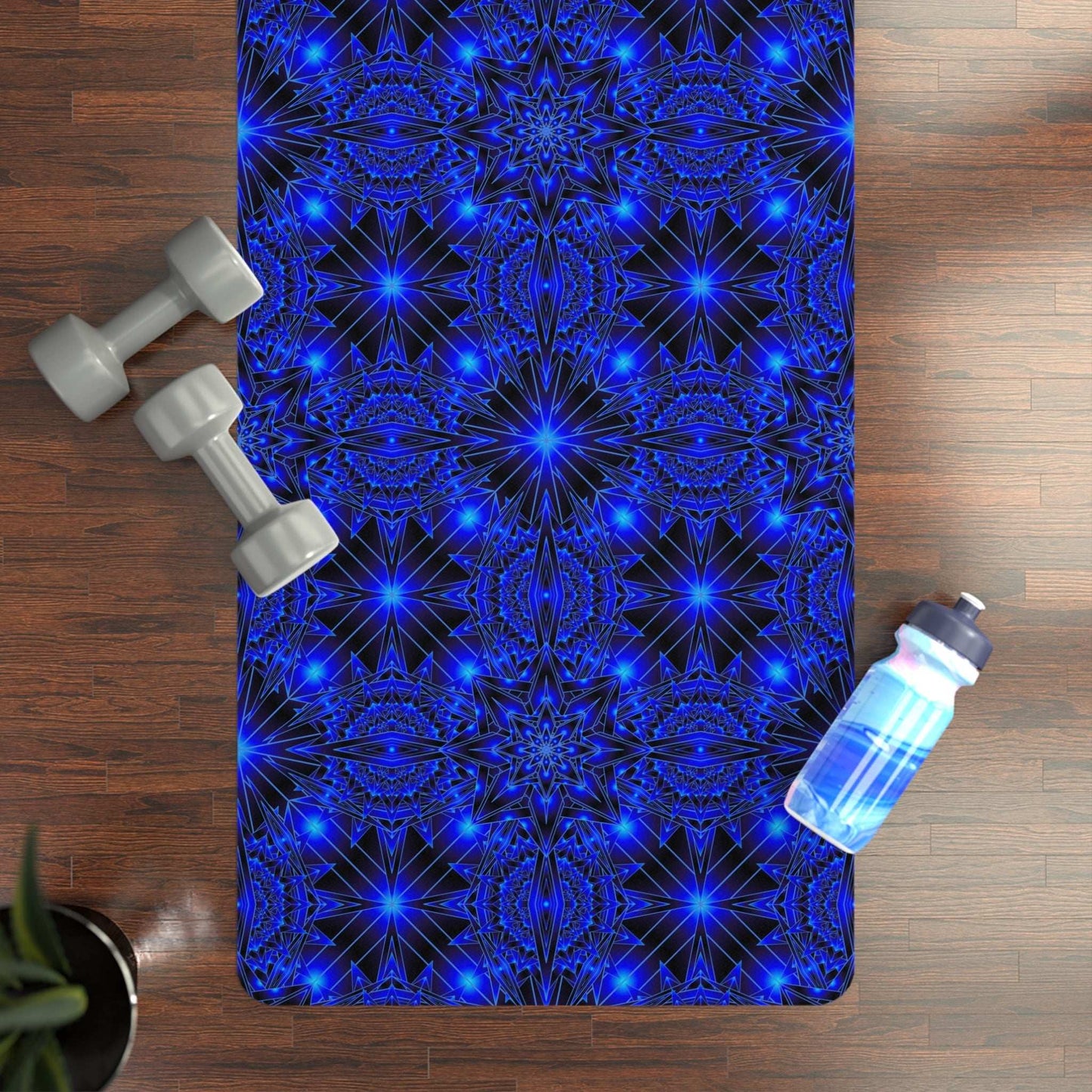Blue kaleidoscope rubber yoga mat with non-slip mandala pattern and microfiber suede top for pilates and meditation