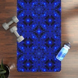 Blue kaleidoscope rubber yoga mat with non-slip mandala pattern and microfiber suede top for pilates and meditation