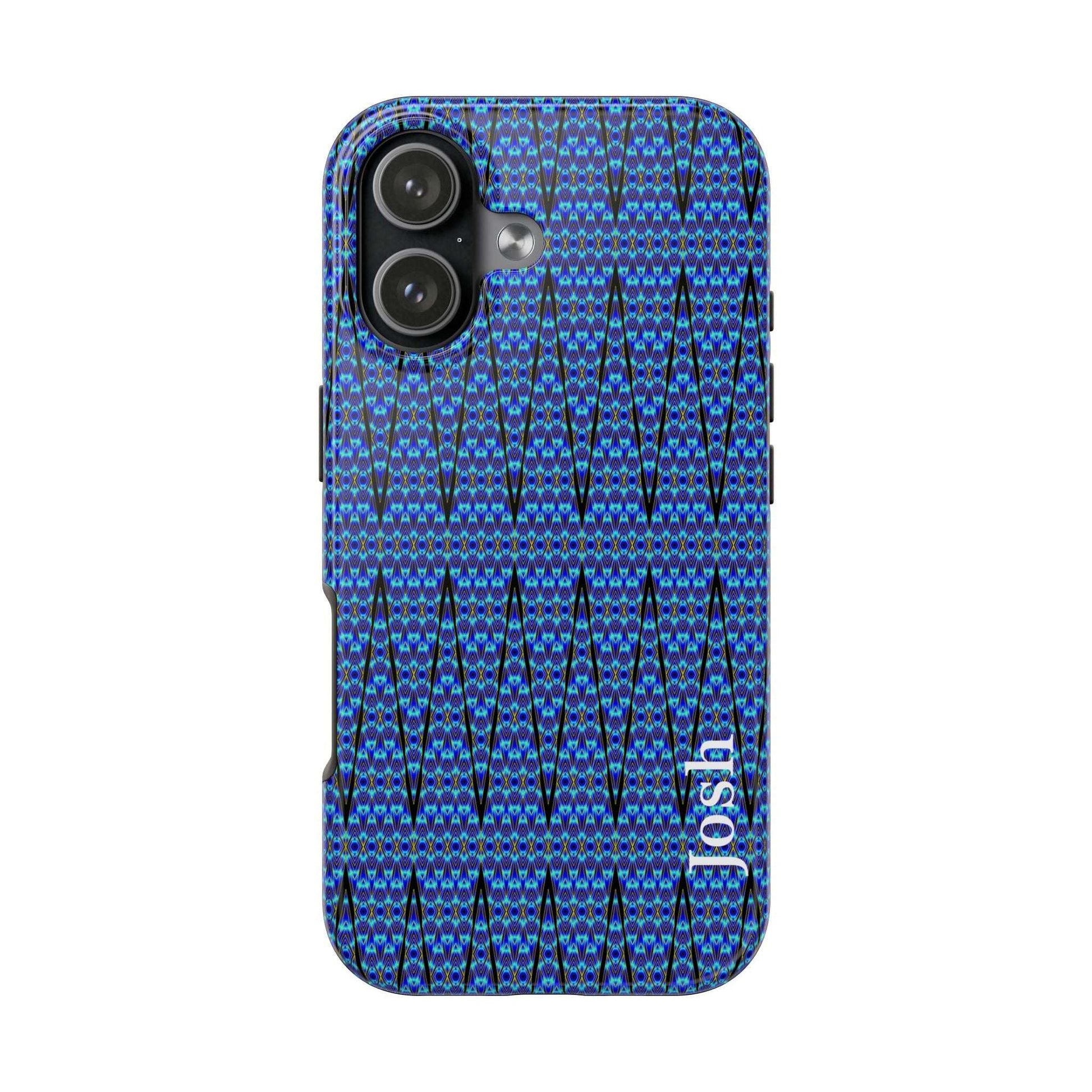 Slim blue geometric tough phone case with glossy finish and rubber liner for iPhone protection