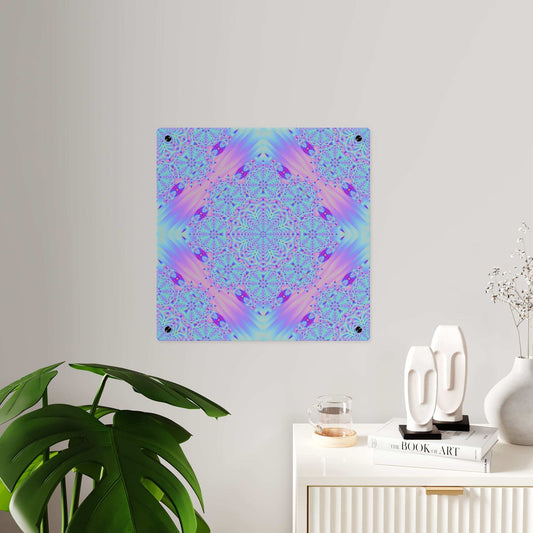 Pastel kaleidoscope mandala acrylic panel wall art with white vinyl backing and brushed silver stand-offs