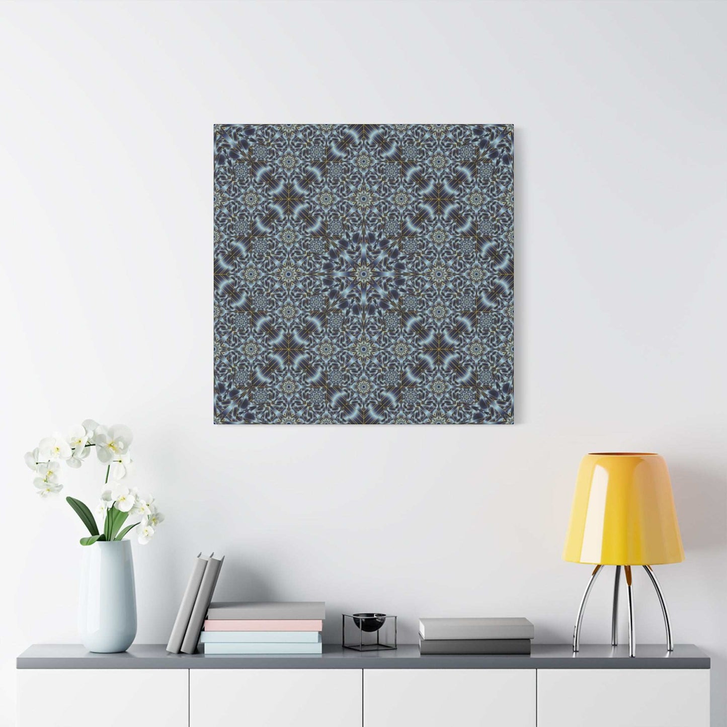 Kaleidoscope Pattern Matte Canvas Wall Art — Blue Geometric Stretched Canvas (1.25″)