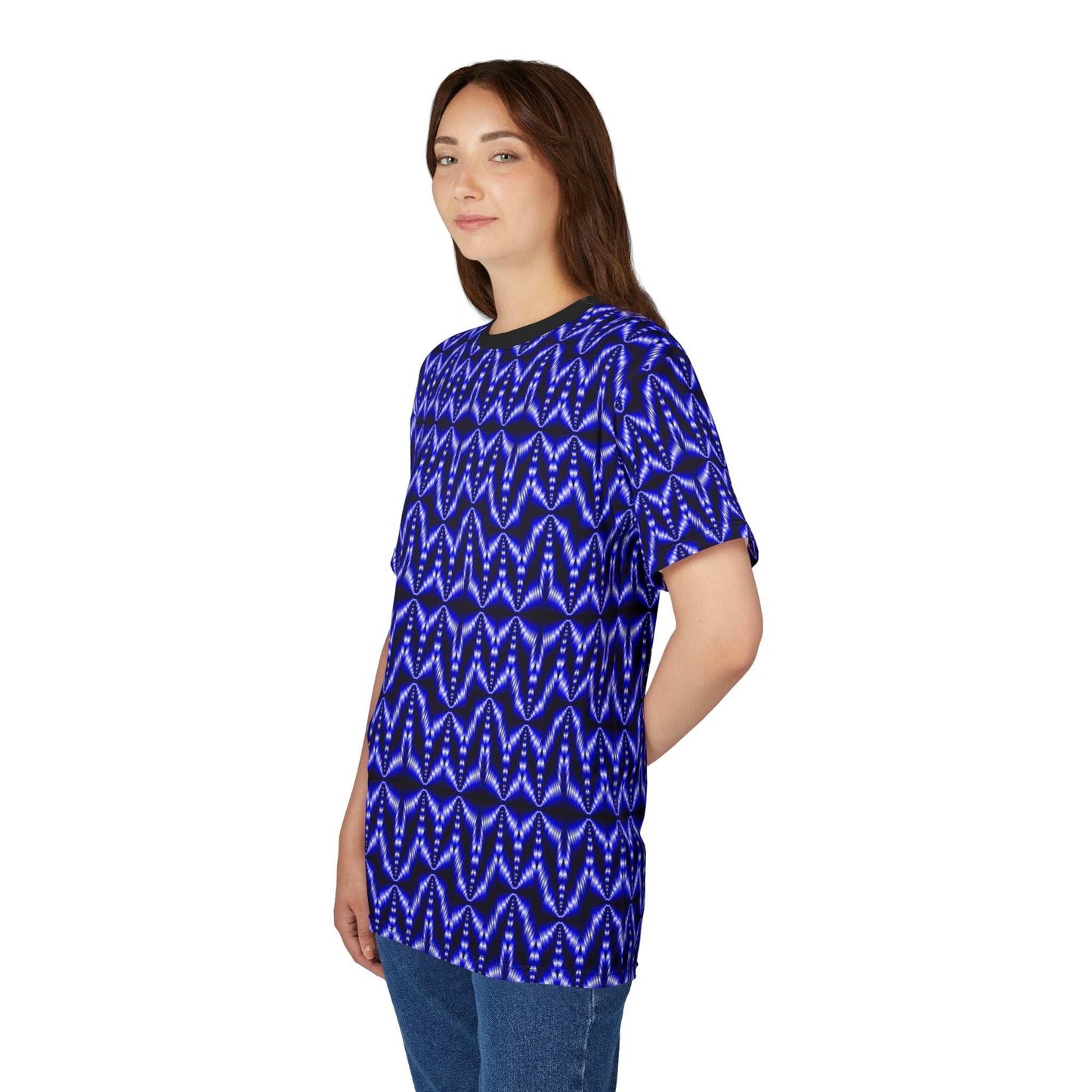 Blue Geometric Tie-Dye Tee — All-Over Print Pattern Shirt