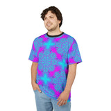 Vibrant blue and pink psychedelic mandala tee with all-over print and ribbed collar