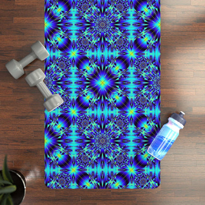 Blue Kaleidoscope Rubber Yoga Mat with non-slip mandala design and microfiber suede top, 24"x72" size
