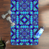 Blue Kaleidoscope Rubber Yoga Mat with non-slip mandala design and microfiber suede top, 24"x72" size