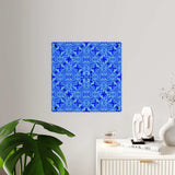 Blue kaleidoscope acrylic wall art panel with geometric mandala design and silver stand-offs