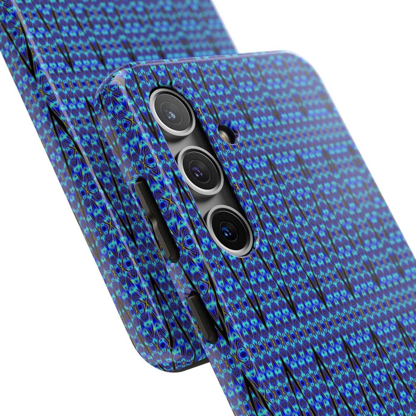 Slim blue geometric tough phone case with glossy finish and rubber liner for iPhone protection