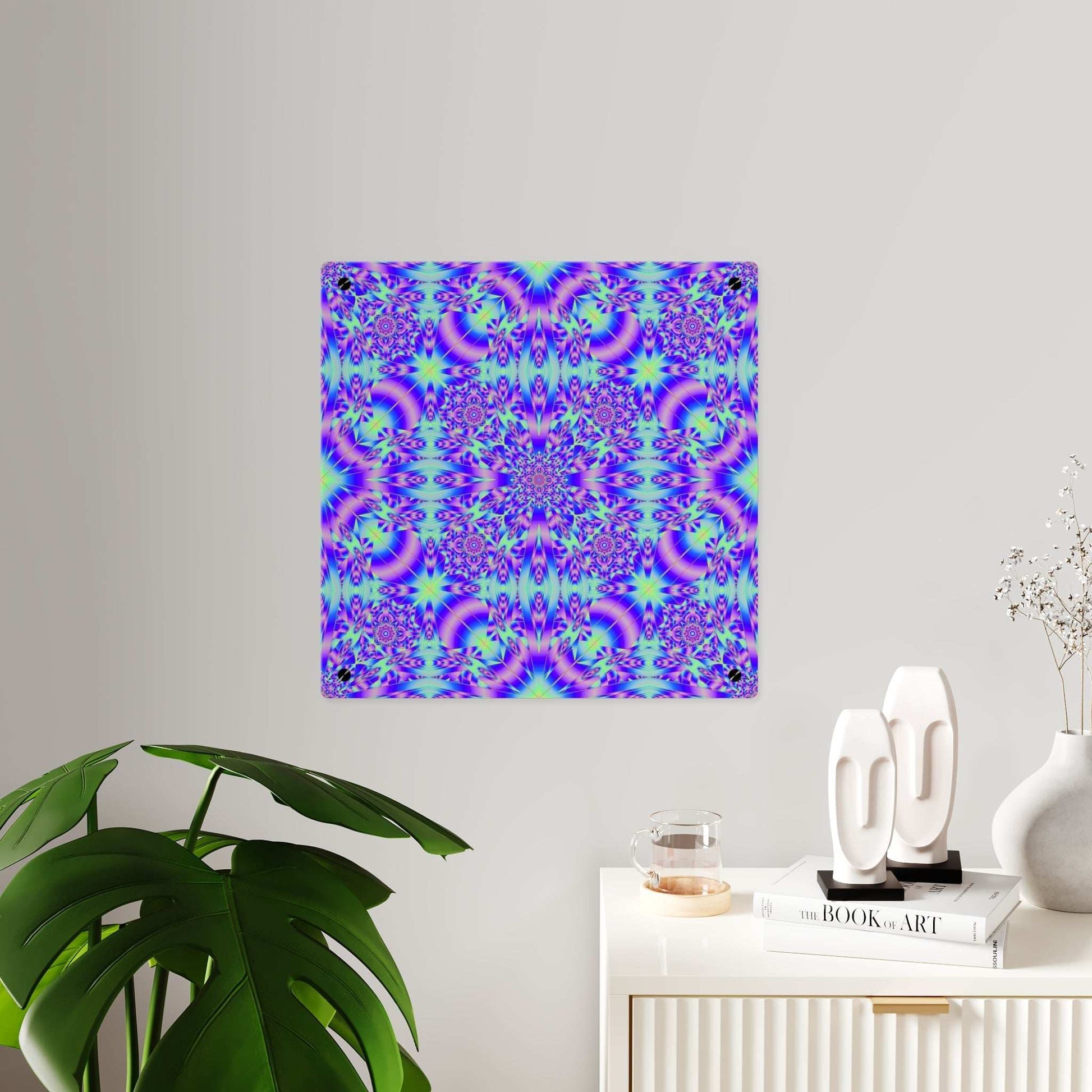 Psychedelic kaleidoscope acrylic wall art panel with vivid blue and purple mandala design on clear acrylic with glossy finish and floating silver stand-offs