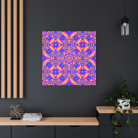Vibrant psychedelic kaleidoscope canvas with mandala pattern in magenta, blue, and yellow on matte stretched frame