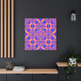 Vibrant psychedelic kaleidoscope canvas with mandala pattern in magenta, blue, and yellow on matte stretched frame