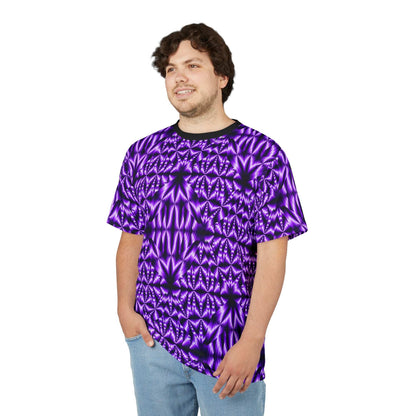Purple Kaleidoscope all-over print tee with vibrant geometric pattern and ribbed collar