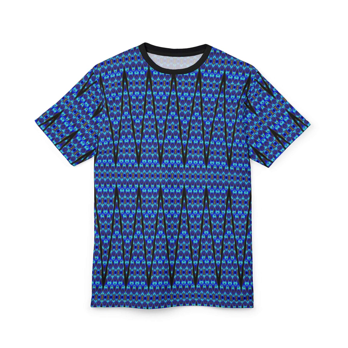 Blue Geometric All-Over Print Tee — Abstract Aztec Pattern