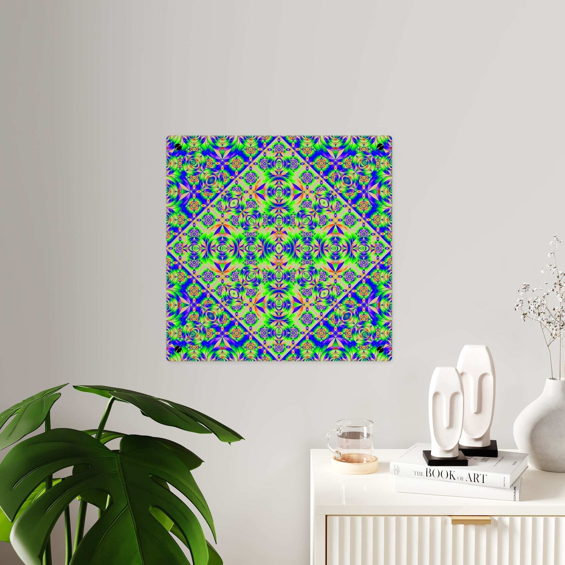 Psychedelic kaleidoscope acrylic wall art panel with neon mandala design and brushed silver stand-offs