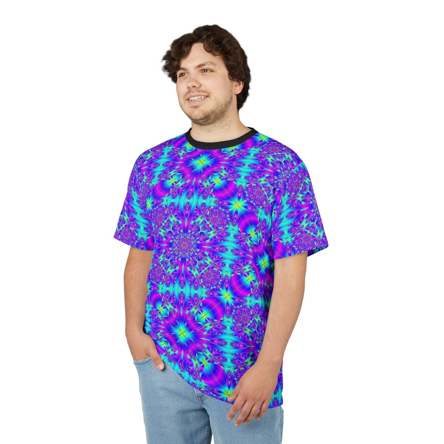 Kaleidoscope psychedelic vibrant neon mandala all-over print tee shirt