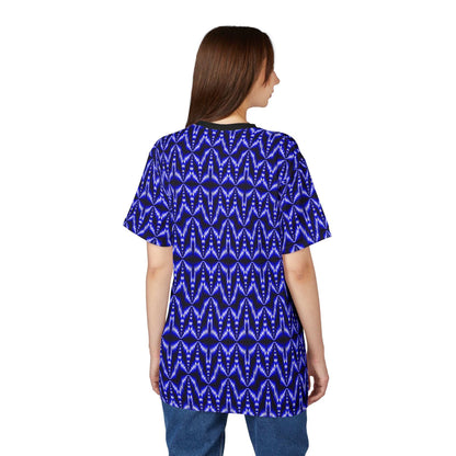 Blue Geometric Tie-Dye Tee — All-Over Print Pattern Shirt