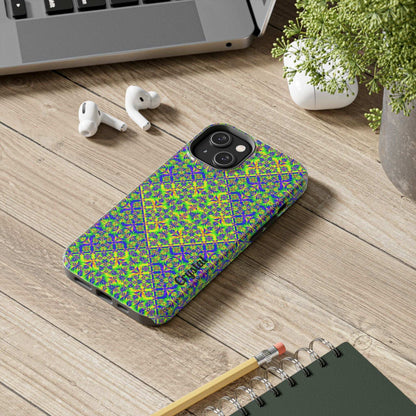 Vibrant kaleidoscope neon geometric phone case with glossy protective cover
