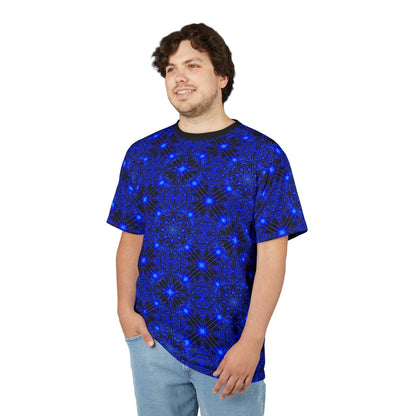 Blue Kaleidoscope all-over print tee with midnight blue starburst pattern and regular fit