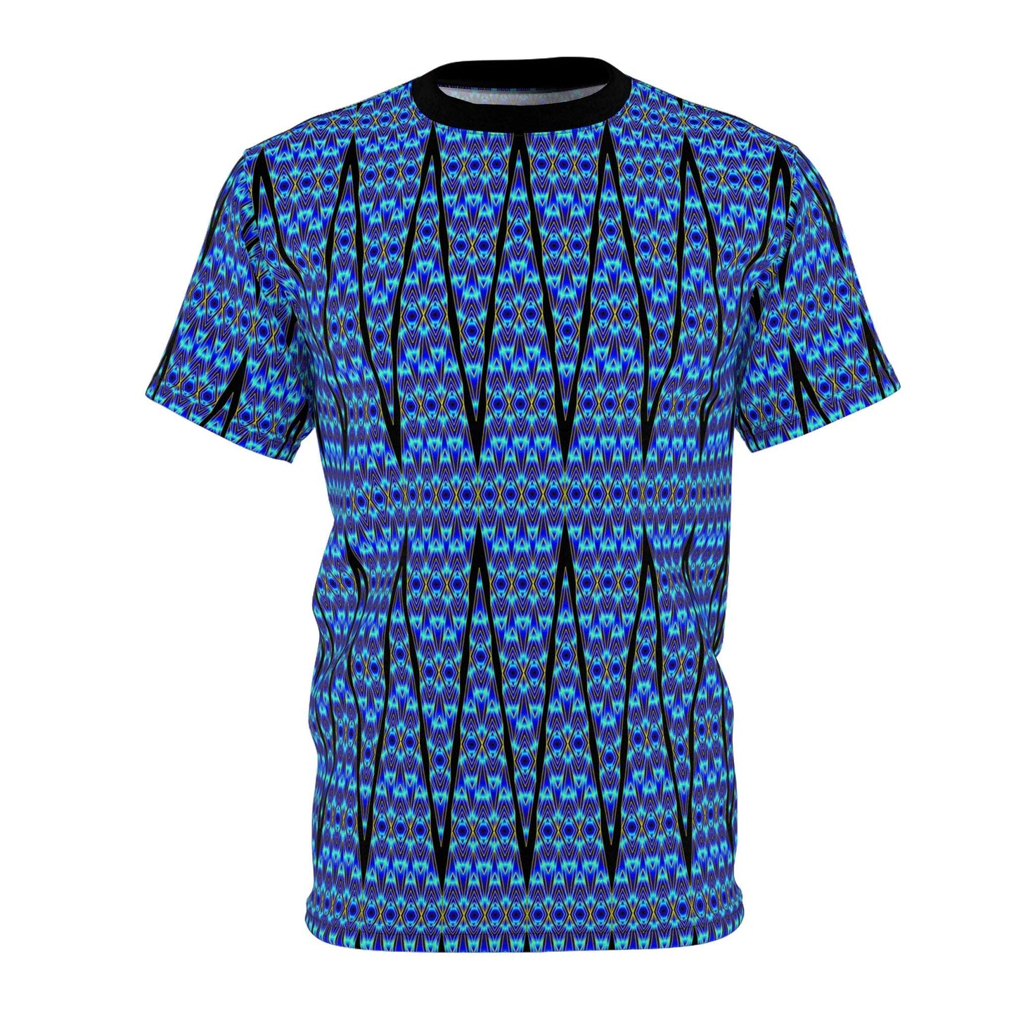 Blue Geometric All-Over Print Tee — Abstract Aztec Pattern
