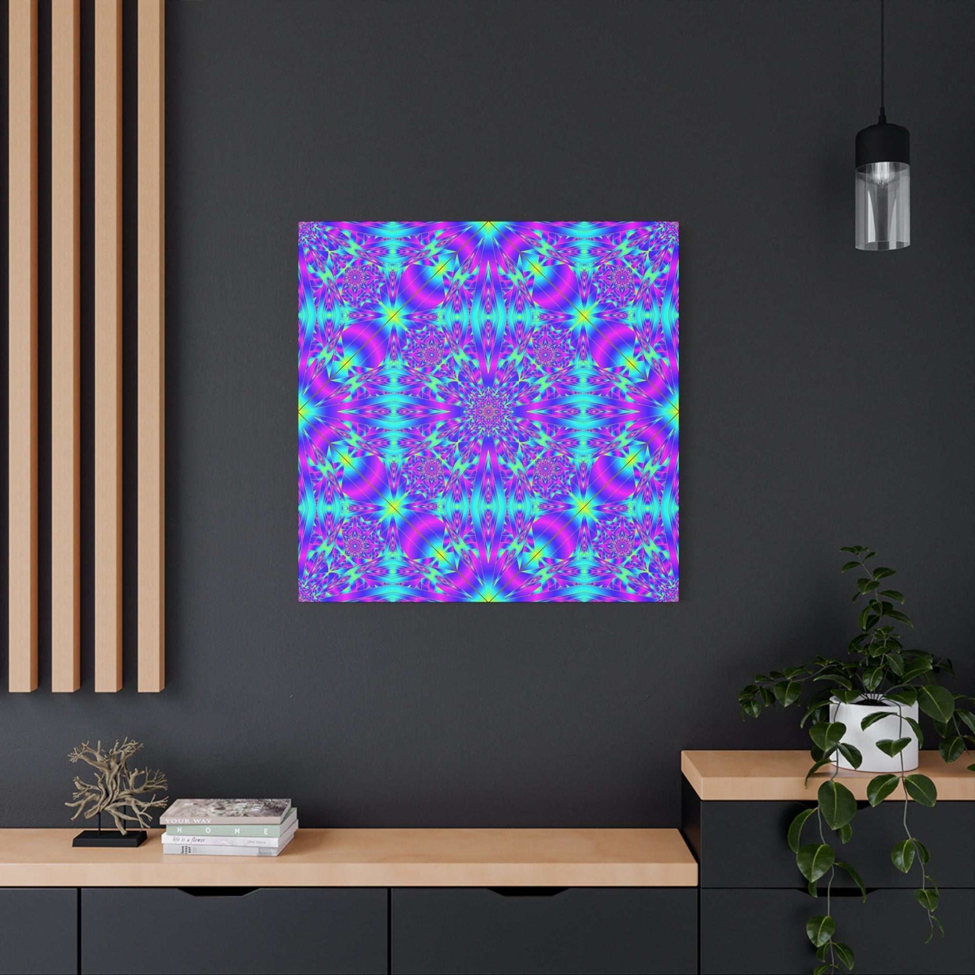 Vibrant kaleidoscope mandala canvas with teal, magenta, and violet hues on a 1.25" deep pine frame