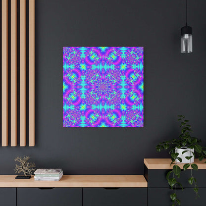 Vibrant kaleidoscope mandala canvas with teal, magenta, and violet hues on a 1.25" deep pine frame