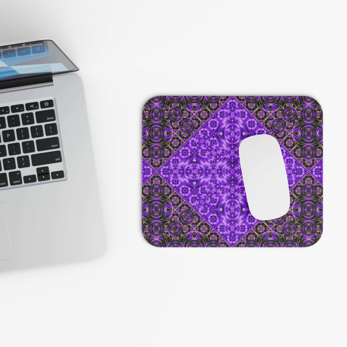 Purple Mosaic Kaleidoscope Mouse Pad — Geometric Jewel Tone Desk Accessory