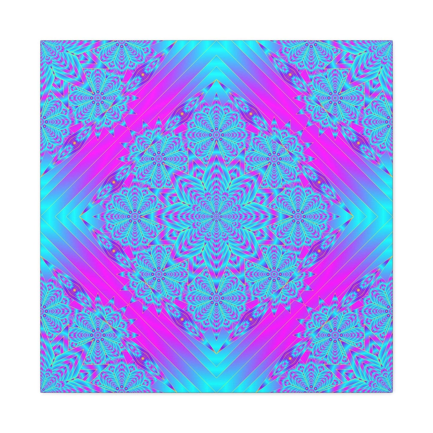 Vibrant Neon Mandala Canvas Art – Turquoise & Magenta Stretched Wall Decor