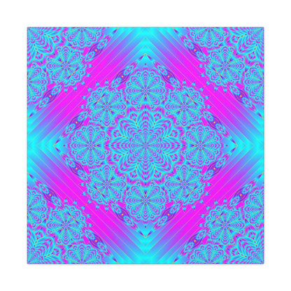 Vibrant Neon Mandala Canvas Art – Turquoise & Magenta Stretched Wall Decor